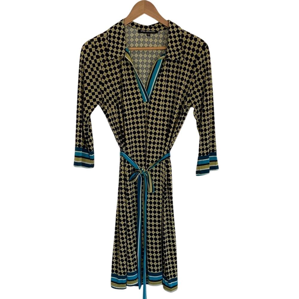 Mlle Gabrielle Womens 70's Mod Dress L Black Green Retro Knit‎ 3/4 Sleeves